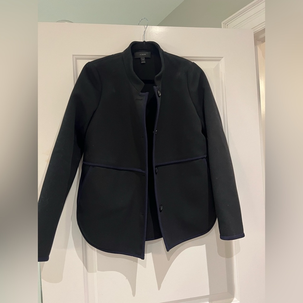 J Crew, size 4, textured black jacket w/ navy trim, rounded tailoring